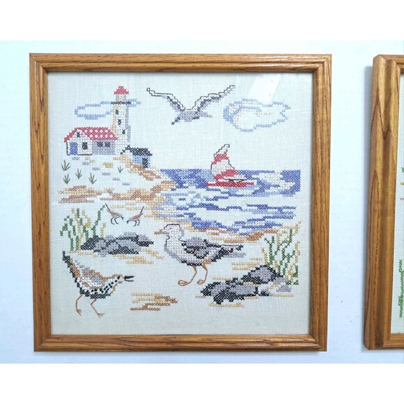 Framed Country Seashore Cross Stitch Set Lighthouse Seagull Beach Farm Marsh - Picture 2 of 6